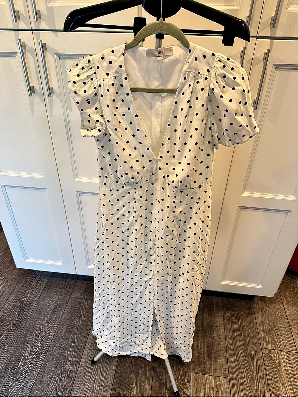 LOFT Dotted V-Neck Midi Dress in White & Black